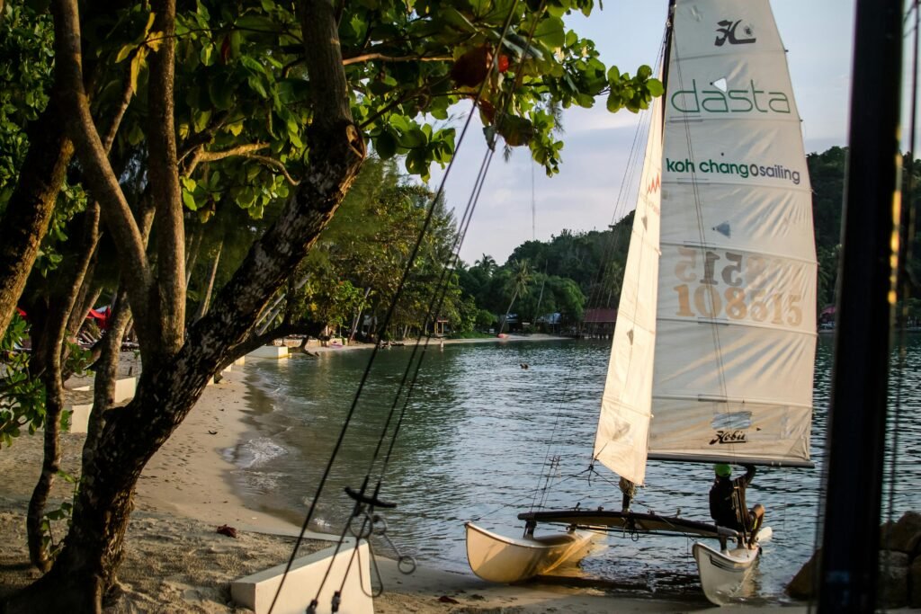 Small sailboat on a serene beach at Koh Chang, Thailand, perfect for a tropical getaway.